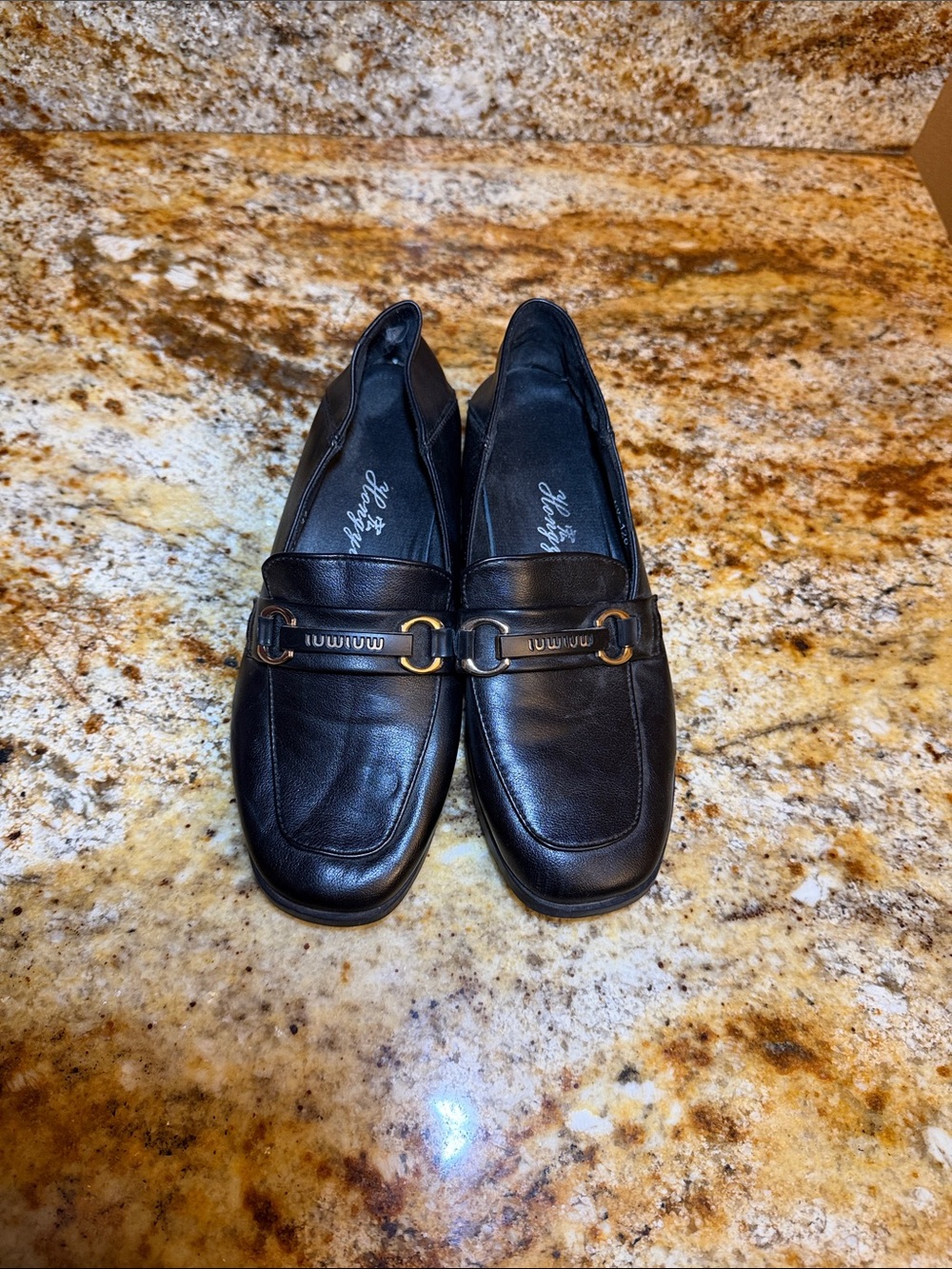 Miu Miu Black Leather Loafers with Brushed Gold Bit